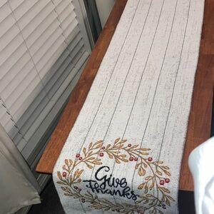 White and brown cloth Table Runner with Embroidered Design give thanks 62x12